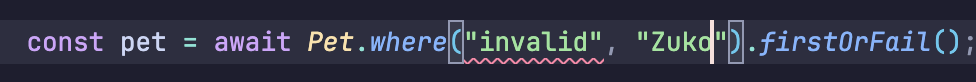 Example type safety not allowing invalid columns, and a type error when an invalid column is entered